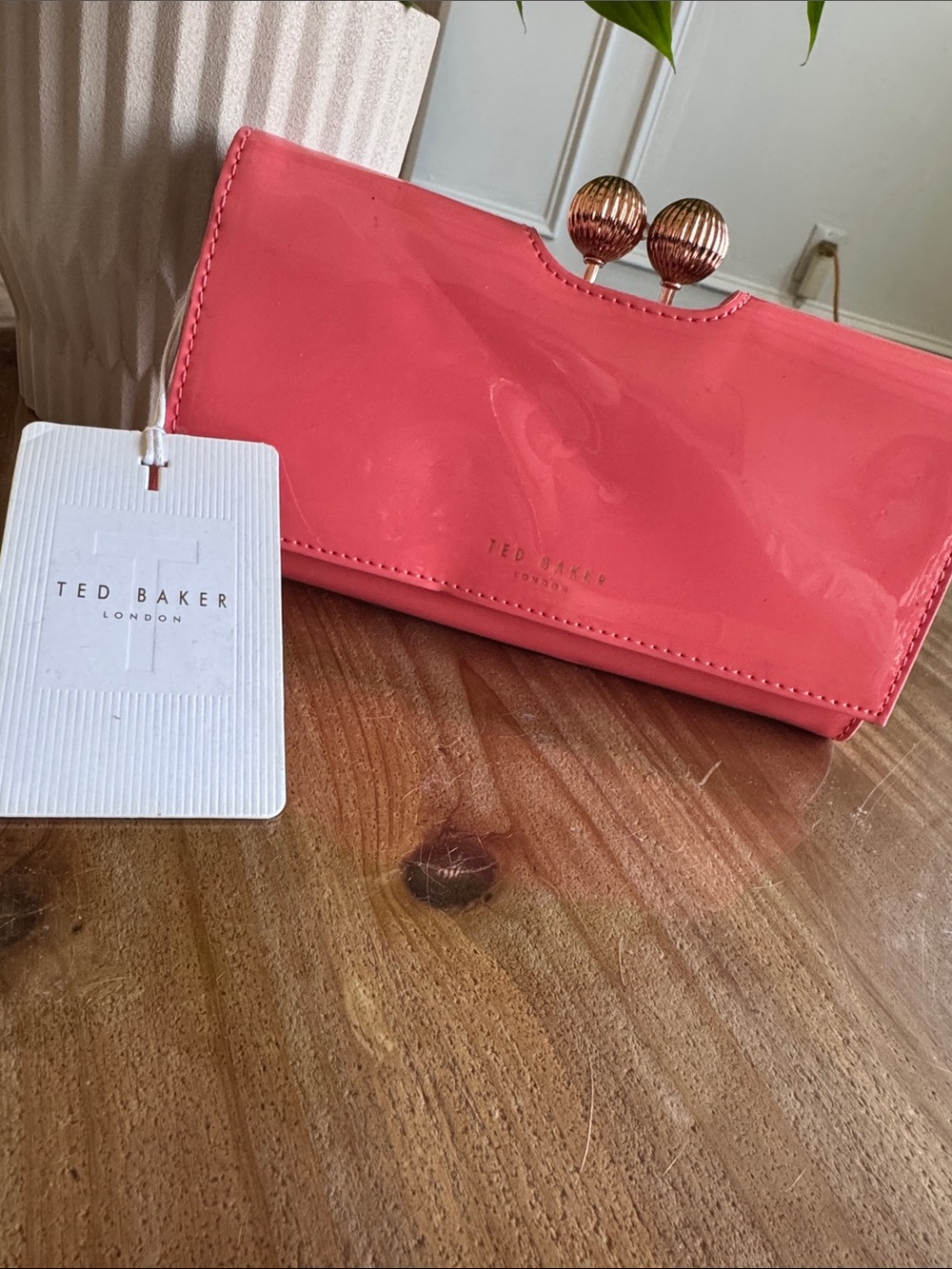 Ted Baker Pink Patent Clutch with Rose Gold Frame